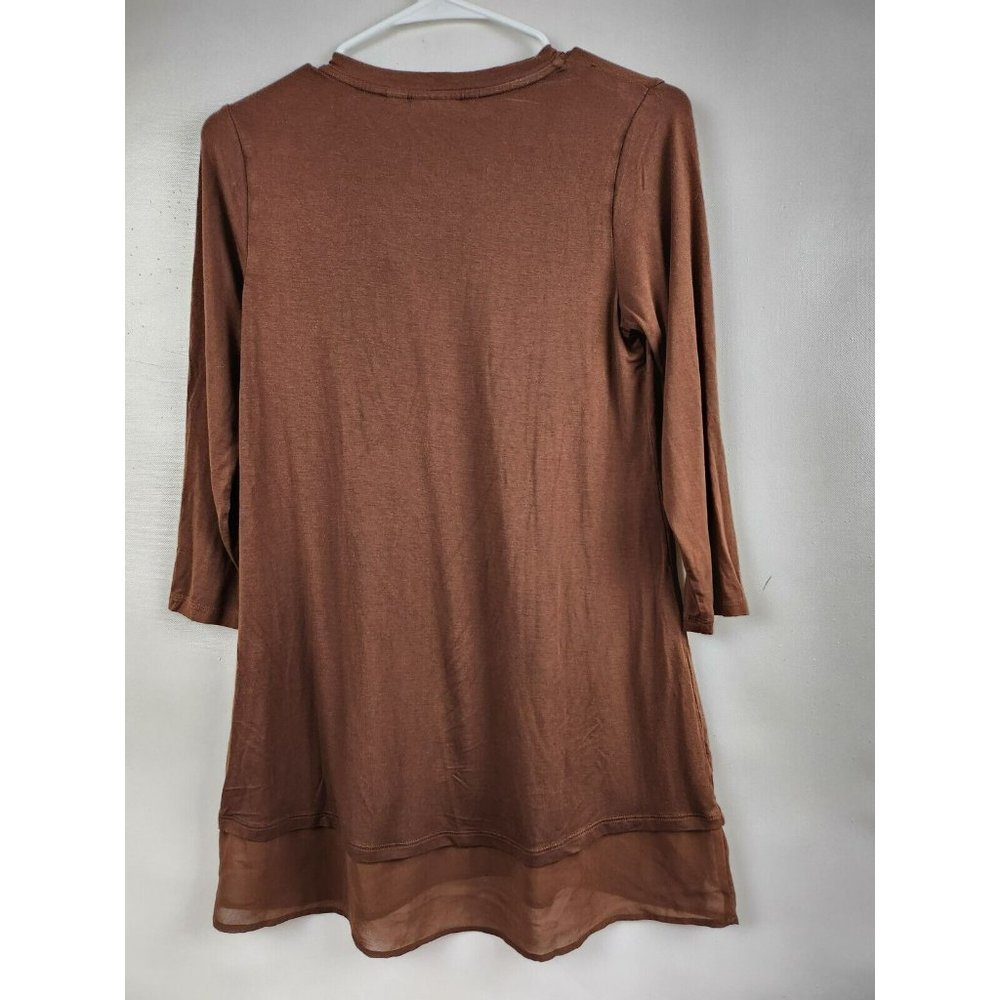 LOGO Lori Goldstein Brown Chiffon Hem 3/4 Sleeve V-Neck Tunic Top Size XS - Picture 3 of 10